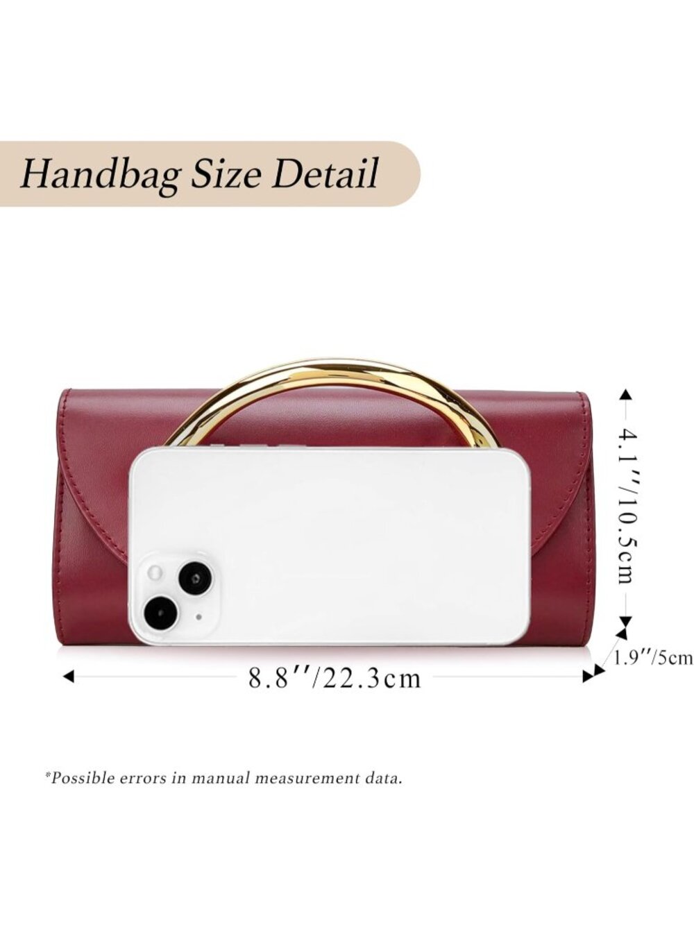 Women's Burgundy Metal Handle Bag Evening Clutch Purse Detachable Chain Strap - Picture 7 of 7